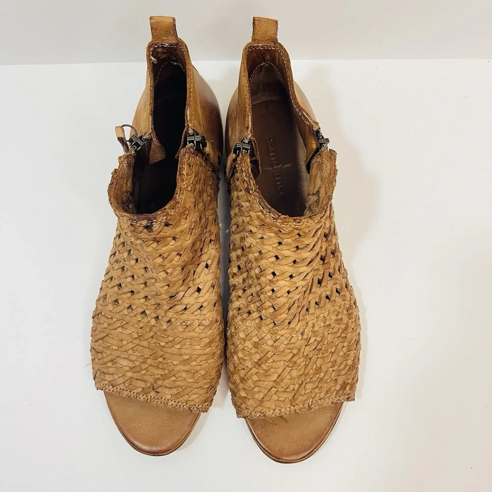 Sundance Woven Leather Asheville Double Zip Peep Toe Sandal EU 40/US 9-9.5 Brown